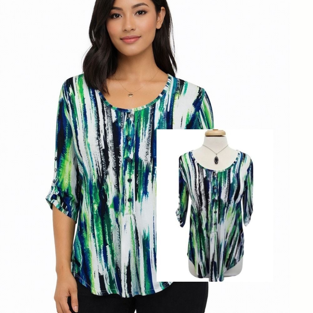 Christopher & Banks Blouse Abstract Stripe 3/4 Sleeve Button NWT S‎